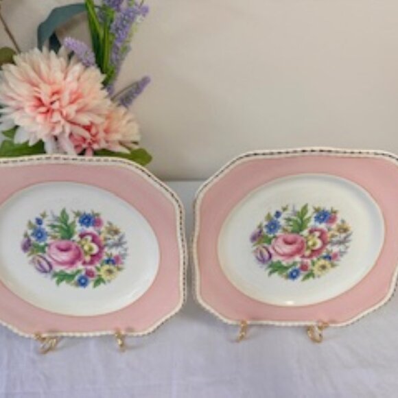 Vintage Simpsons Ambassador Ware Pink Floral Plates England Gold Trim Pair - Picture 3 of 6